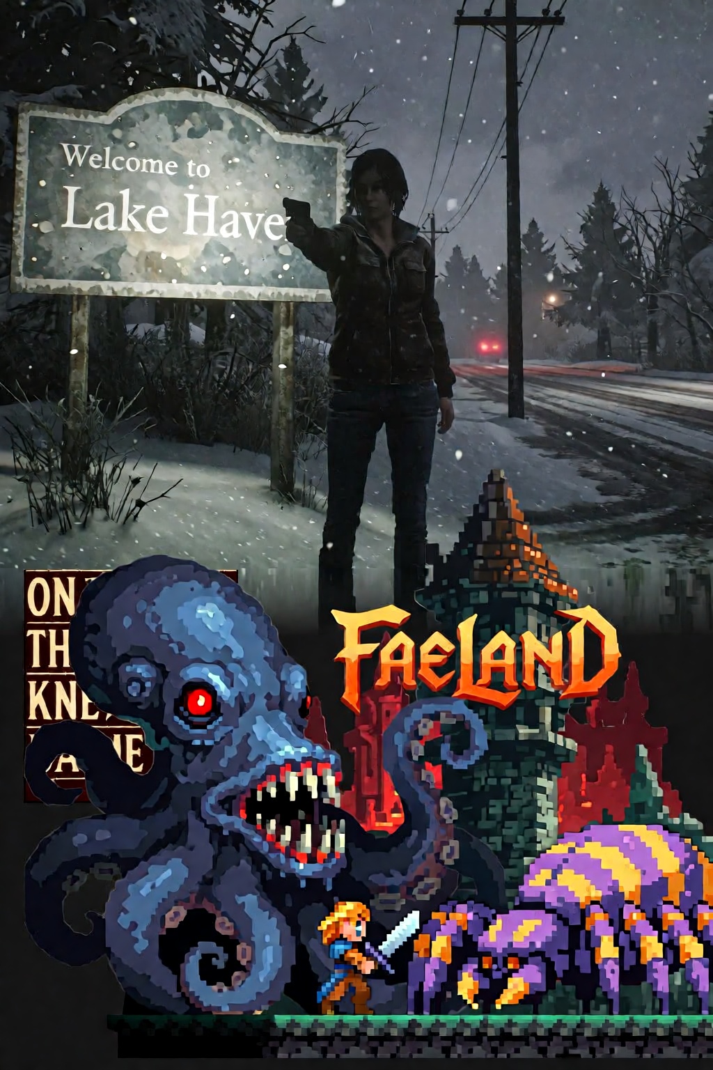The provided image is a composite collage featuring two distinct artistic styles and themes. The top portion of the image...