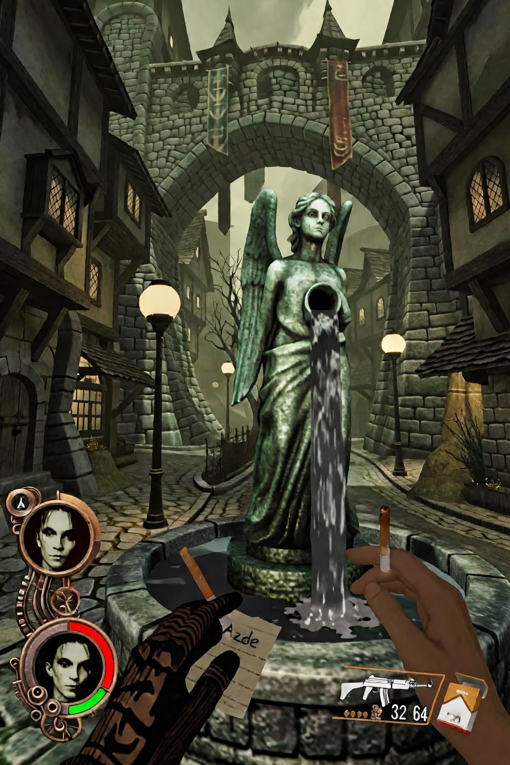 This first-person perspective video game screenshot displays a surreal,  stylized urban environment featuring a central st...
