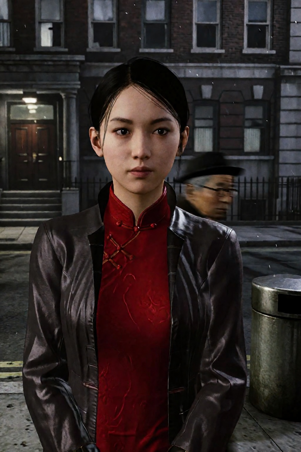 This image captures a medium shot of a woman with East Asian features standing in an urban environment that appears to be...
