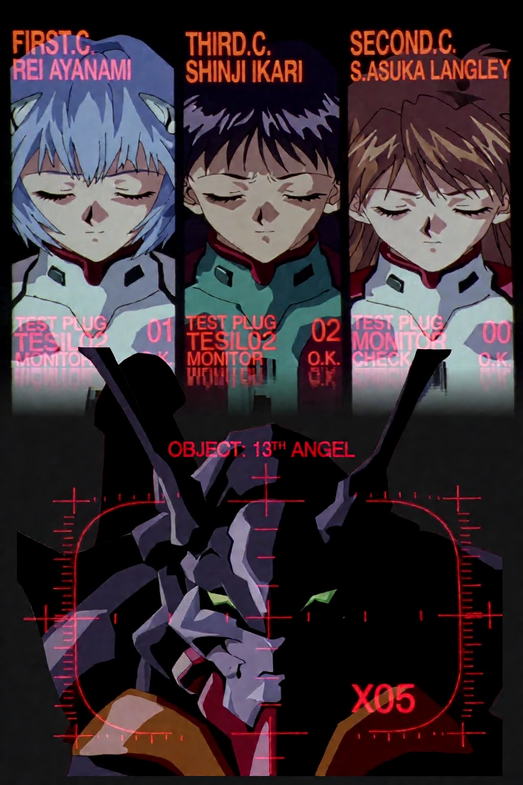 The image is a composite featuring a background of a screen display from the anime Neon Genesis Evangelion layered behind...