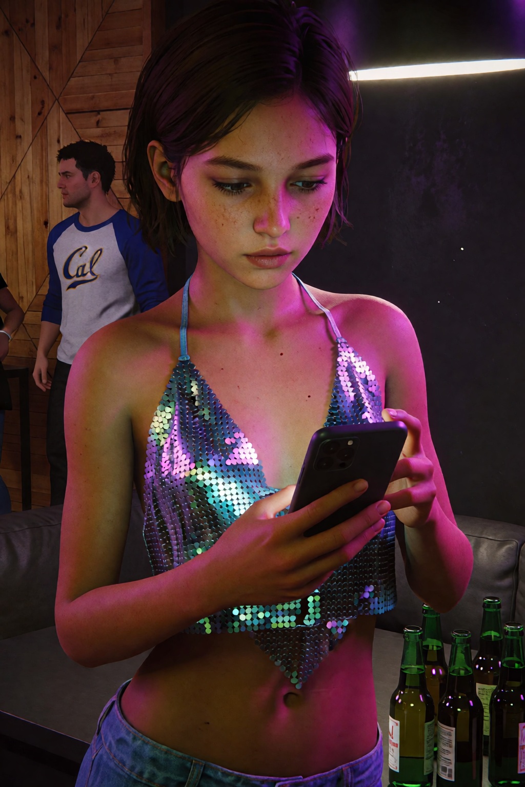 The image displays a young woman with a slender build and tanned skin tone in what appears to be a dimly lit,  modern indo...