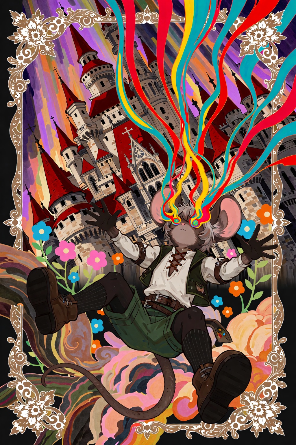 poster titled with english text "KREA 2" in style of psychedelic blacklight digital art with a rainbow outline glitch bar,...