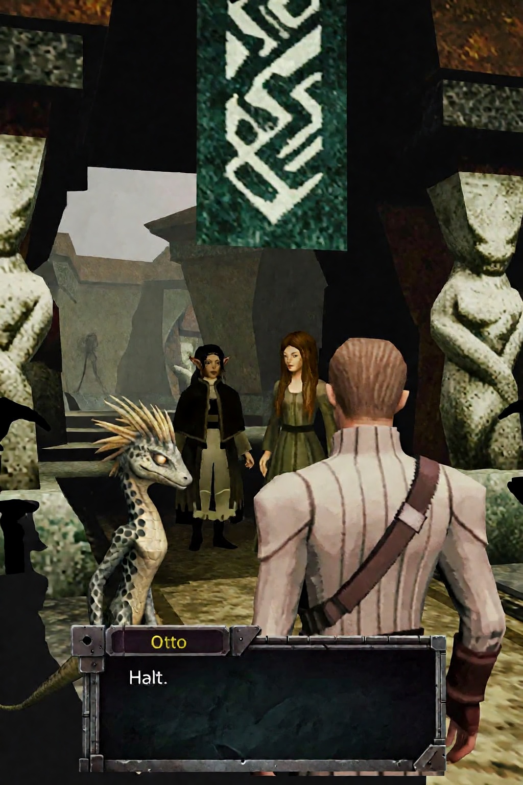 This image depicts a scene from a low-fidelity,  stylized video game featuring a dialogue box at the bottom. The foregroun...