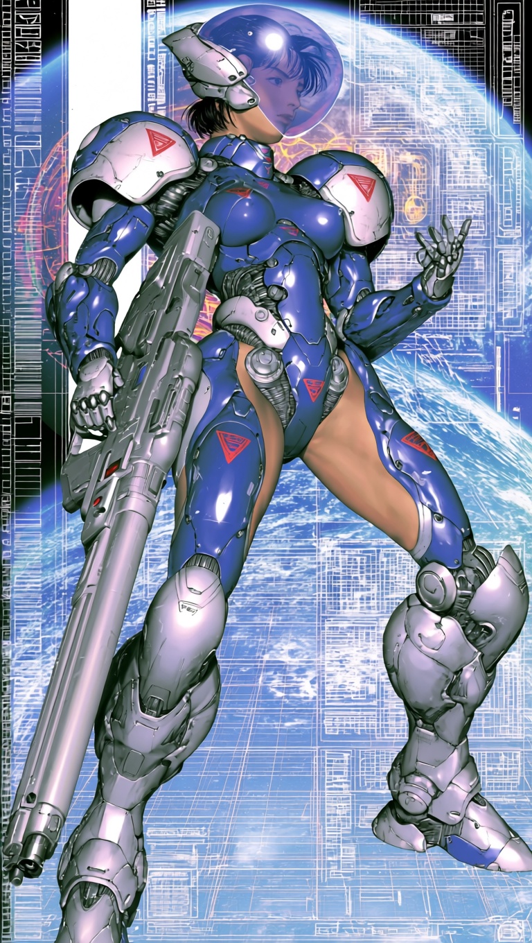 @supernalmystic,  A female mecha pilot in a sleek,  form-fitting blue and silver armored suit stands dynamically against a...