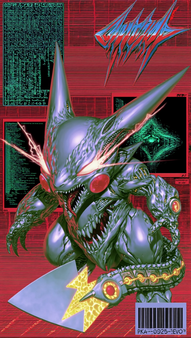 @supernalmystic,  A biomechanical,  kaiju-sized Pikachu with a sleek chrome-like exoskeleton and jagged organic textures d...