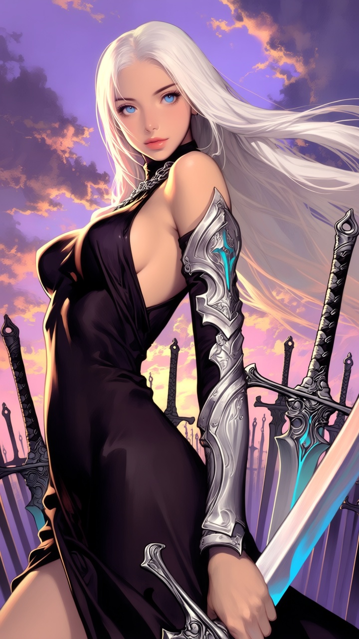 - a vibrant,  stylized scene. "The image depicts a female character with long white hair and striking blue eyes. She is we...