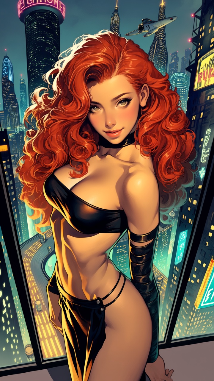 - a vibrant,  stylized scene. "Create a dynamic,  close-up comic book illustration framed from the thighs up of a stunning...
