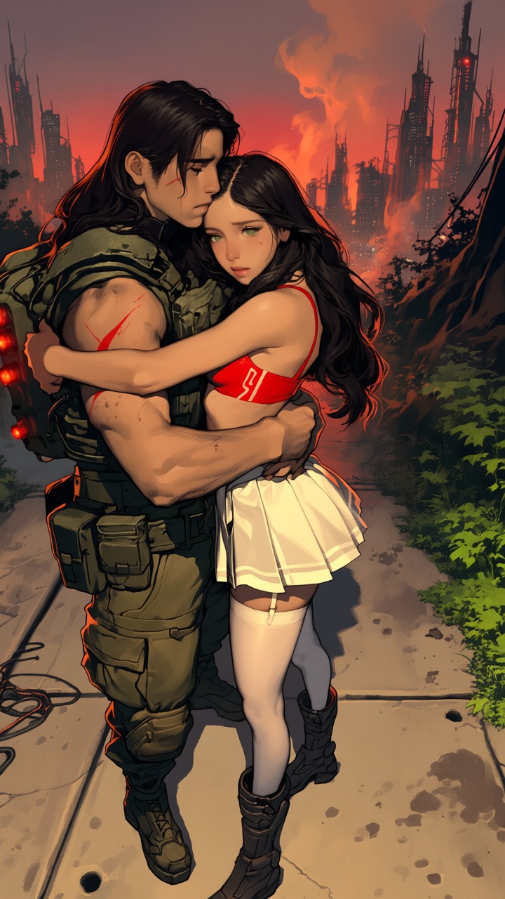 - a vibrant,  stylized scene. "Sci-fi setting. One beautiful,  sexy young woman with long dark hair and green eyes on Tens...