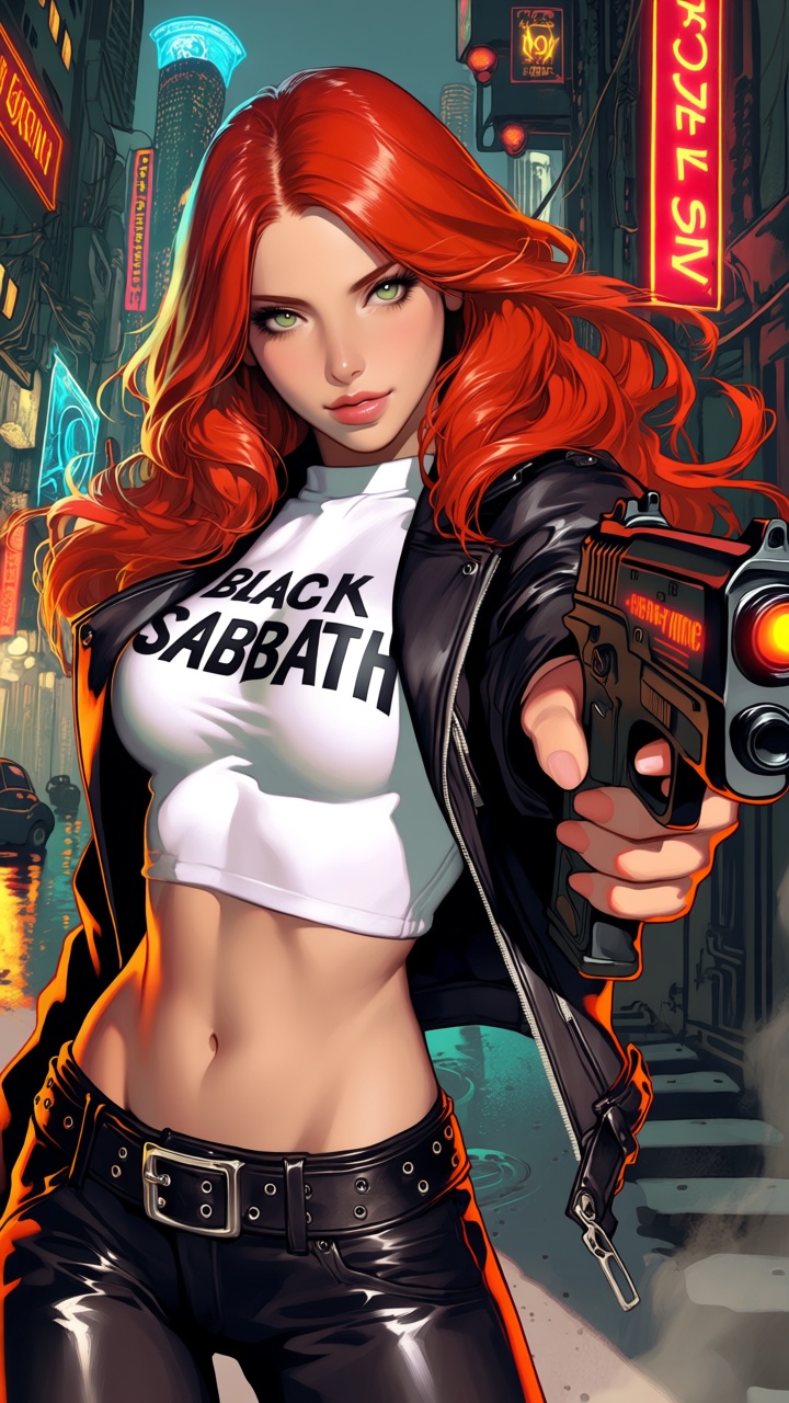 - a vibrant,  stylized scene. "Create a dynamic comic-book-inspired pin-up illustration of a breathtaking red-haired woman...