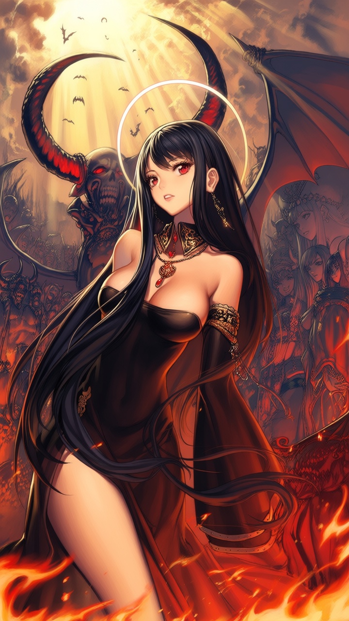 Japanese shojo manga. Center foreground: - a vibrant,  stylized scene of a person in a dynamic pose. "The girl has long,...
