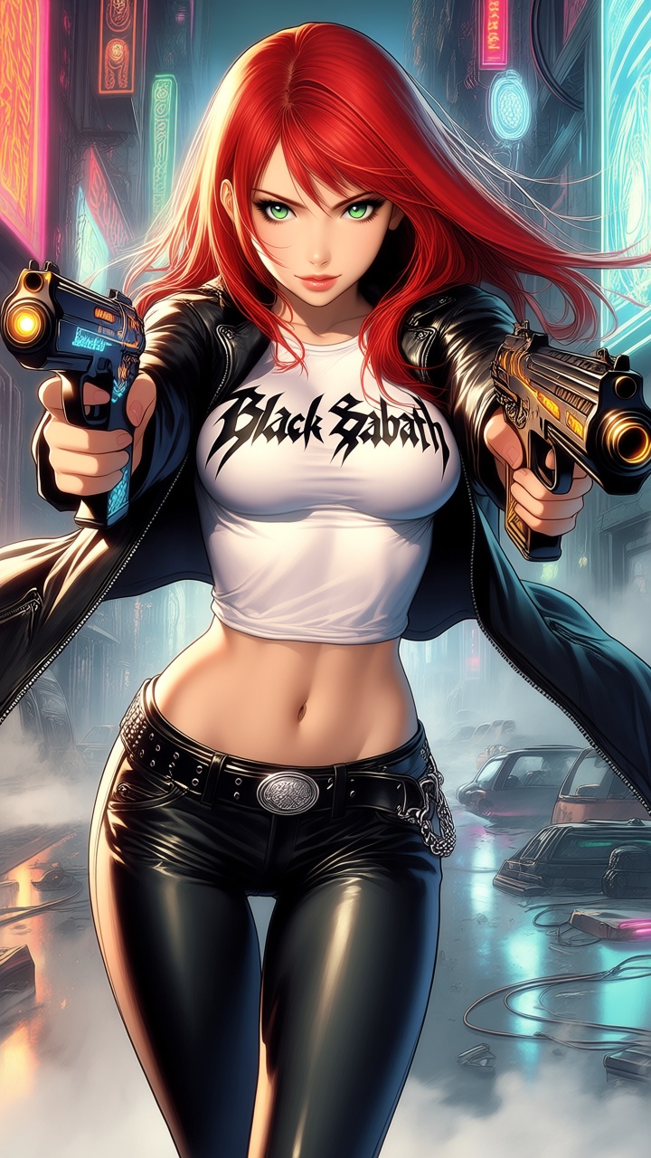 - a vibrant,  stylized scene. "Create a dynamic comic-book-inspired pin-up illustration of a breathtaking red-haired woman...