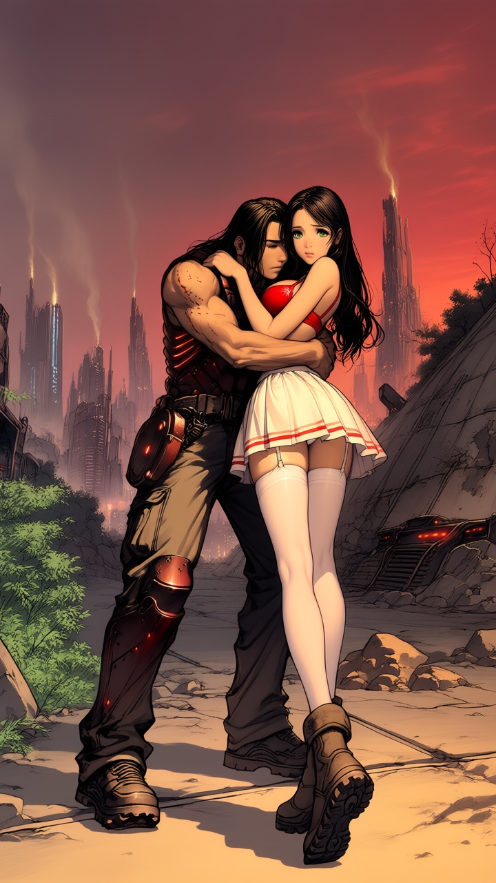 - a vibrant,  stylized scene. "Sci-fi setting. One beautiful,  sexy young woman with long dark hair and green eyes on Tens...