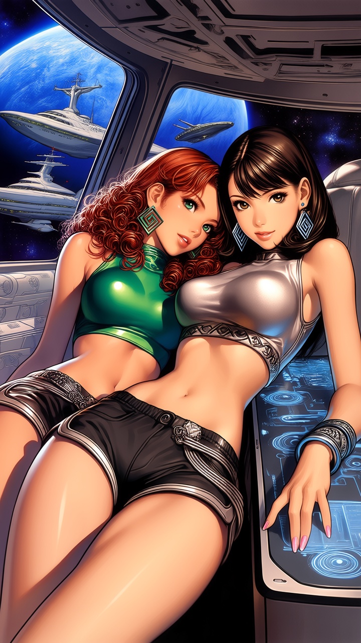- a vibrant,  stylized scene. "Extreme close-up illustration from the thighs up featuring two glamorous women inside an ex...