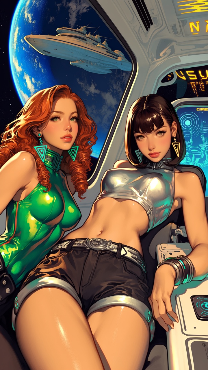- a vibrant,  stylized scene. "Extreme close-up illustration from the thighs up featuring two glamorous women inside an ex...