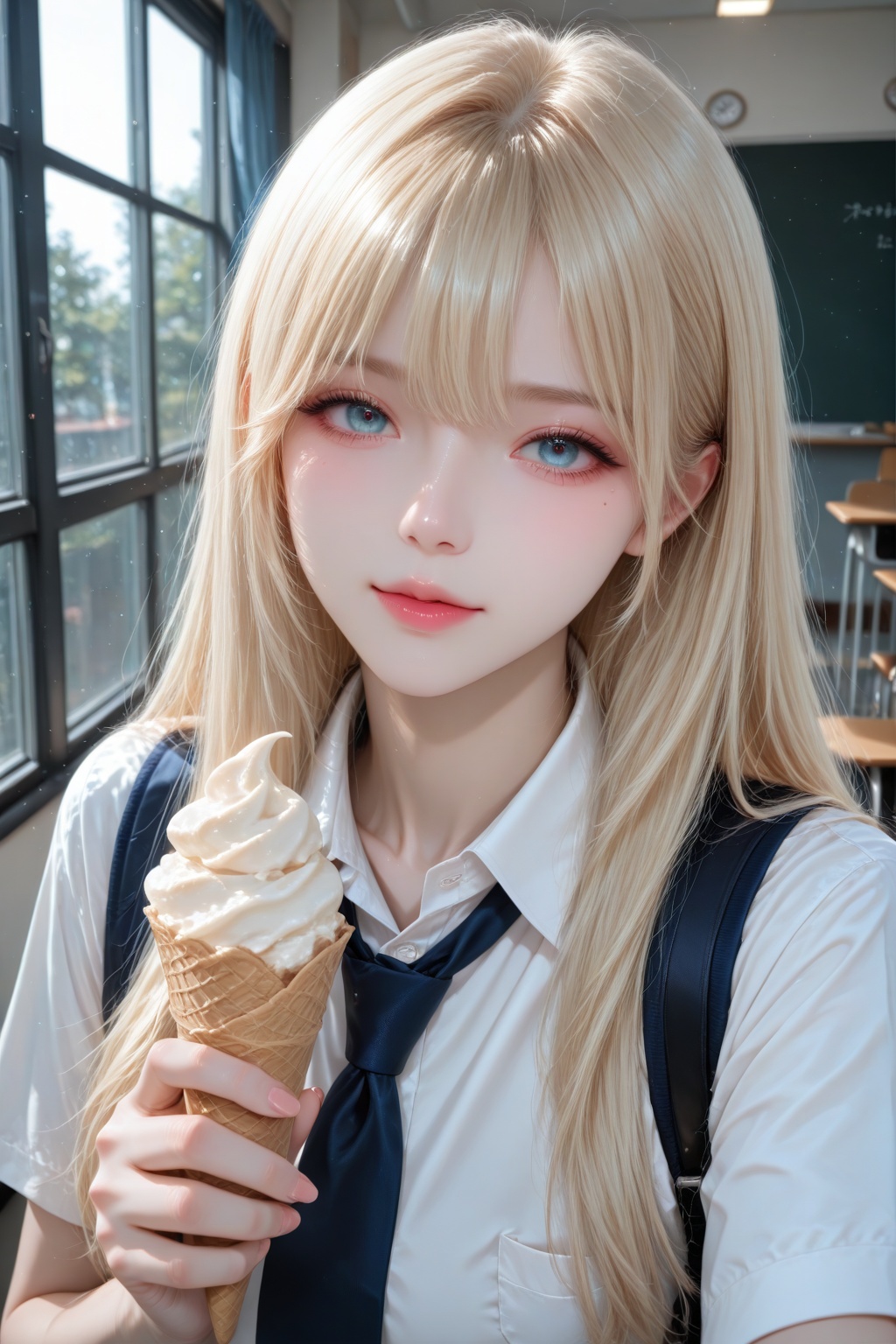 A girl with long blonde hair,  wearing school uniform,  holding ice cream by 月大魔王|The Moonly Demon King on Tensor.Art