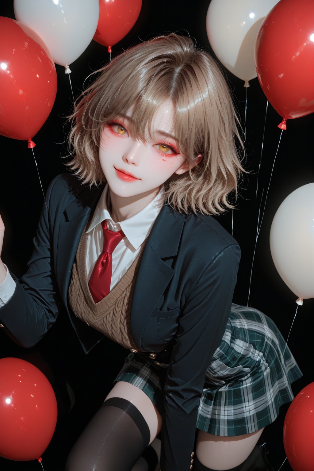 He has a childish face and medium-long light brown hair. He is wearing a black double-breasted suit jacket,  a brown knitt...