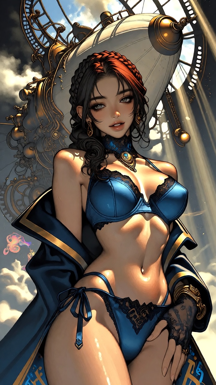 - a vibrant,  stylized scene. "Extreme close-up composition framed from the thighs up featuring a gorgeous woman with silk...