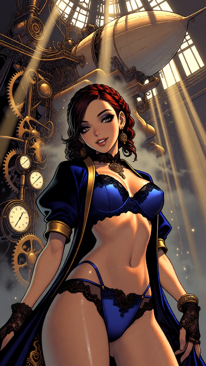 - a vibrant,  stylized scene. "Extreme close-up composition framed from the thighs up featuring a gorgeous woman with silk...