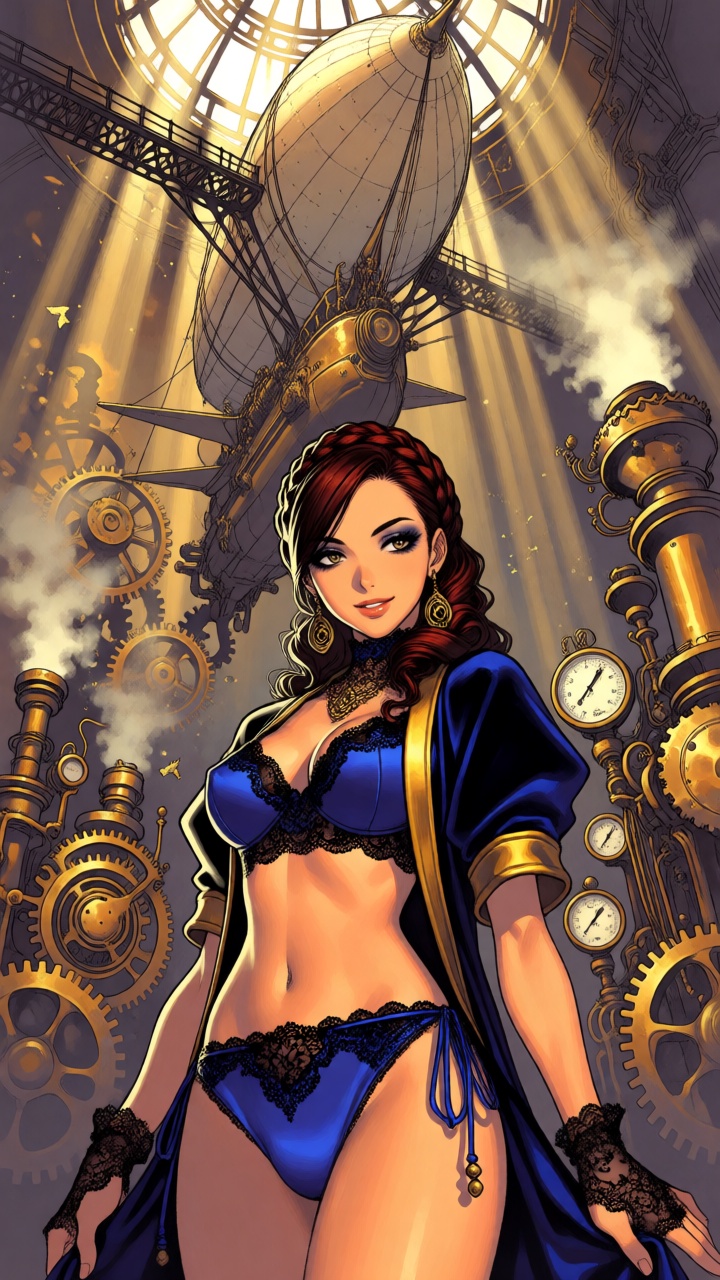 - a vibrant,  stylized scene. "Extreme close-up composition framed from the thighs up featuring a gorgeous woman with silk...