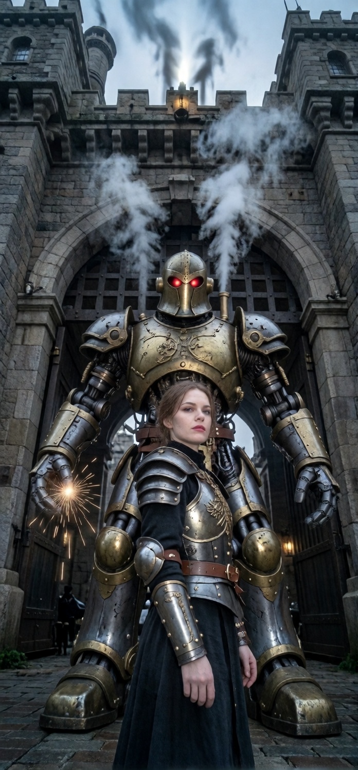 A female centurion stands in a proud full-body stance before the massive iron gates of the upper citadel,  her body turned...