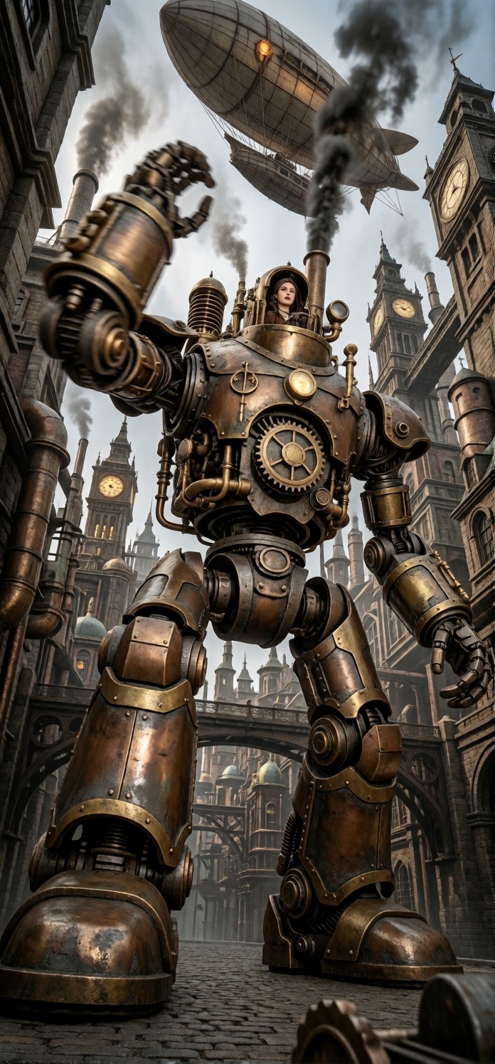 A colossal steam-powered mech equipped with rounded shoulder pads,  heavy-duty elbow pads,  and intricate brass pipes pose...