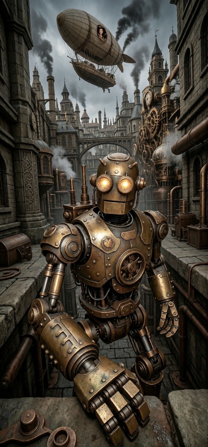 In the heart of an ancient steampunk citadel,  a bulky brass automaton with reinforced shoulder pads,  protective elbow pa...