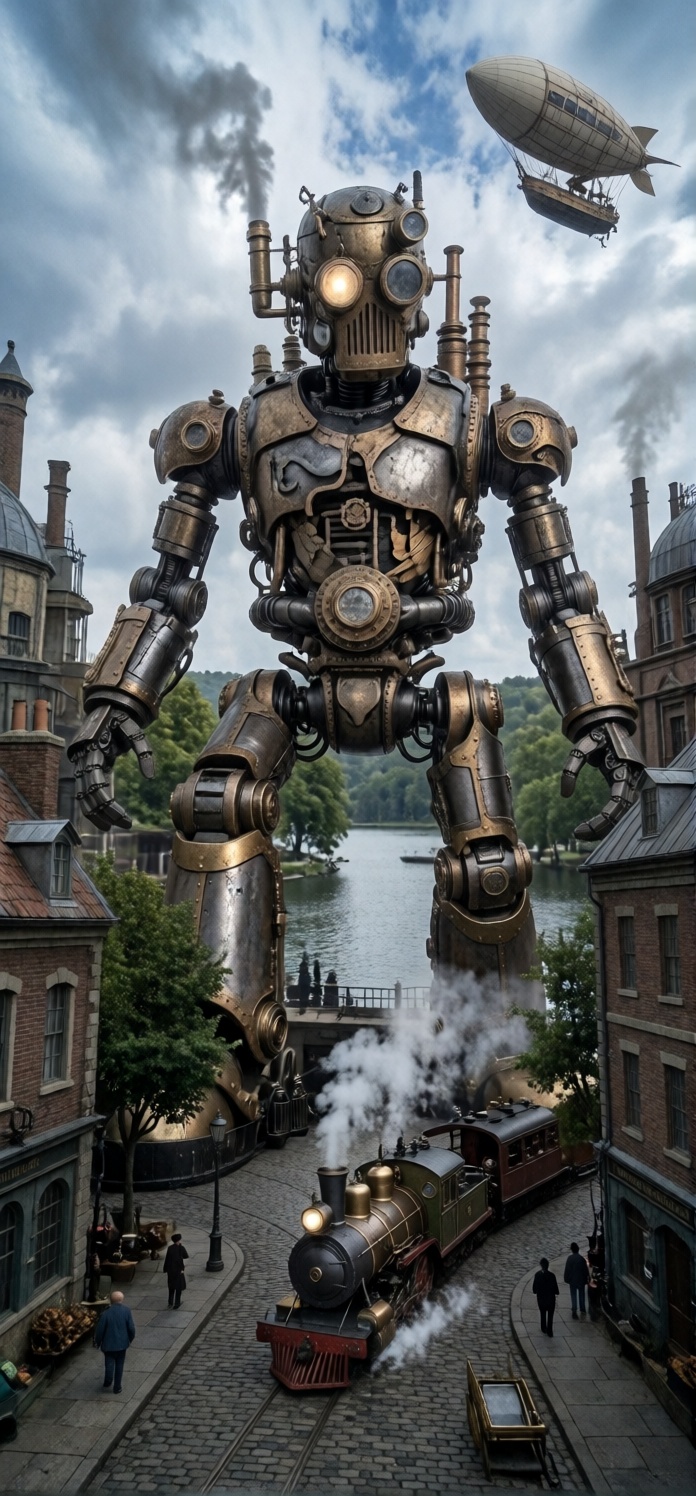 rectangle shape giant steampunk mecha behind buildings,  airship in the sky,  steampunk city with street on Tensor.Art