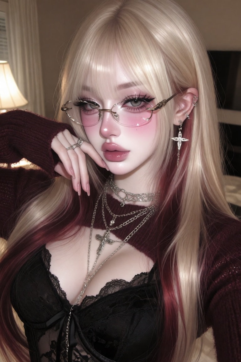 An ethereal close-up portrait of a young woman with a doll-like,  dark-coquette aesthetic posing indoors. She has long sle...