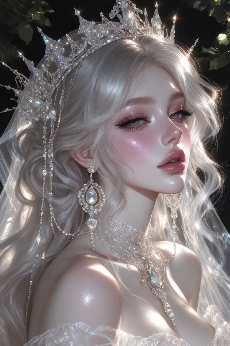 close-up semi realistc fantasy bridal portrait,  a woman with silver-white curls and luminous smooth skin illuminated agai...