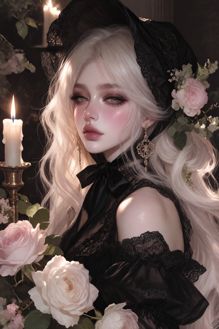 Ethereal portrait of a young woman with dramatic,  dramtic eye makeup and porcelain skin,  adorned in a black vintage lace...