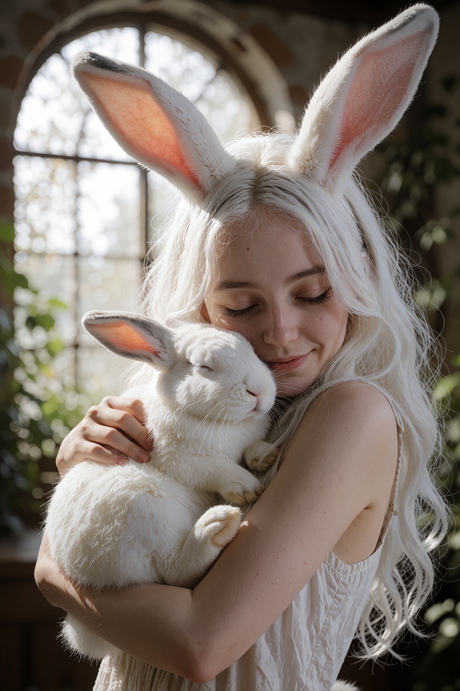 Photograph of a young woman with pale skin,  long wavy white hair,  and white rabbit ears on Tensor.Art