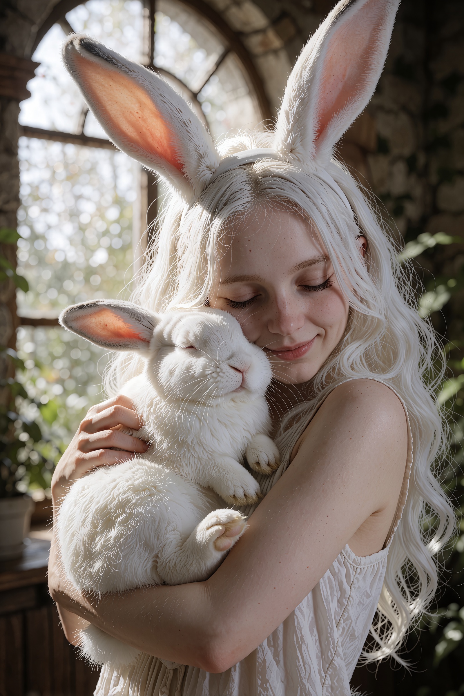 Photograph of a young woman with pale skin,  long wavy white hair,  and white rabbit ears on Tensor.Art