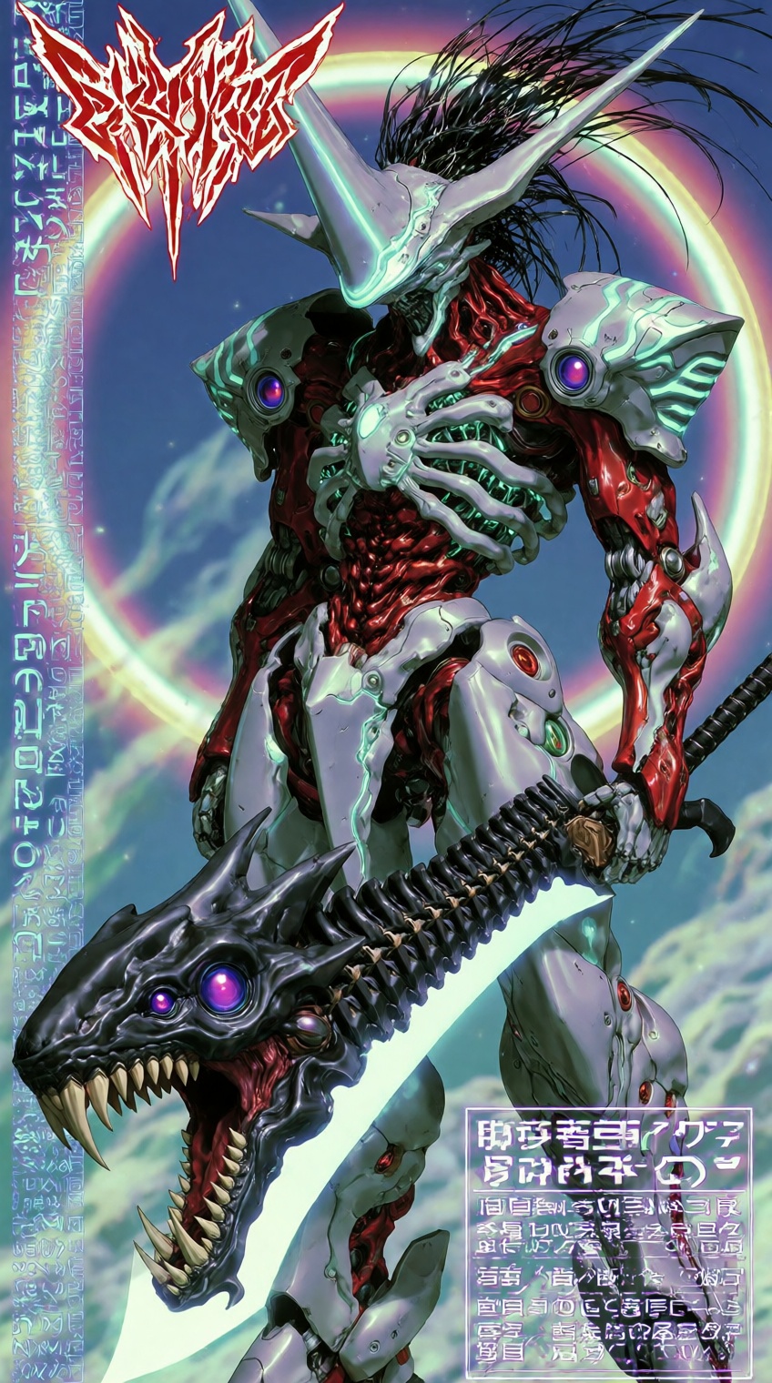 @supernalmystic,  A towering,  biomechanical warrior with exposed ribcage and glowing teal circuitry stands in dynamic pos...