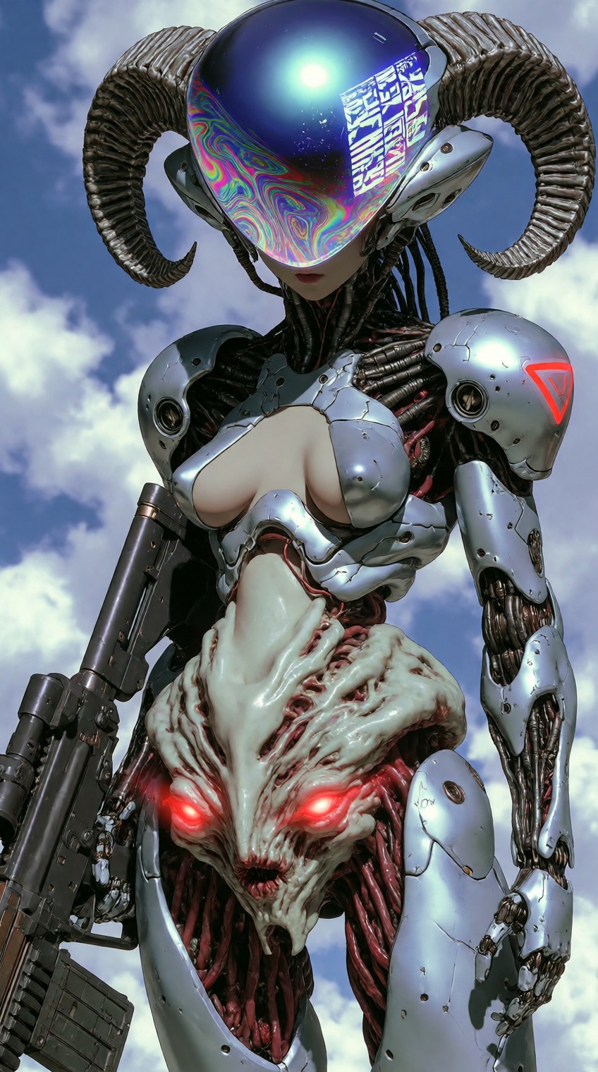 @supernalmystic,  A cyberpunk-inspired anime character stands against a cloudy sky,  her design blending biomechanical hor...