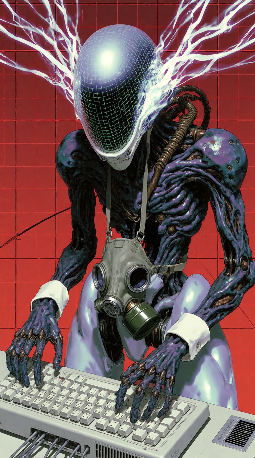 @supernalmystic,  A cyberpunk-themed anime character with elongated,  spindly limbs and a grotesque on Tensor.Art