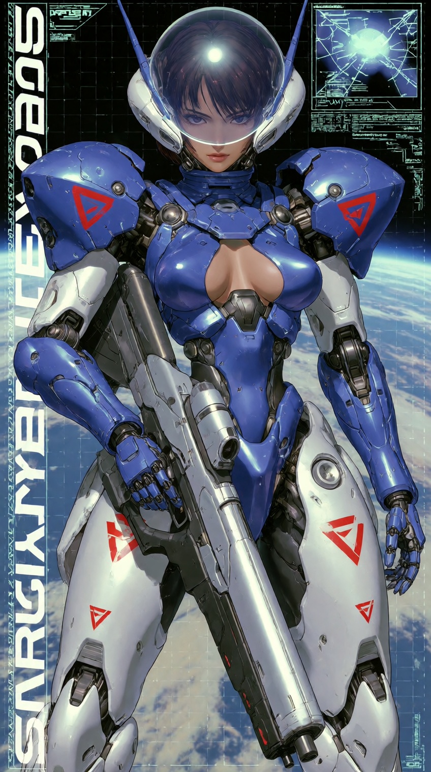 @supernalmystic,  A female mecha pilot in a sleek,  form-fitting blue and silver armored suit stands dynamically against a...