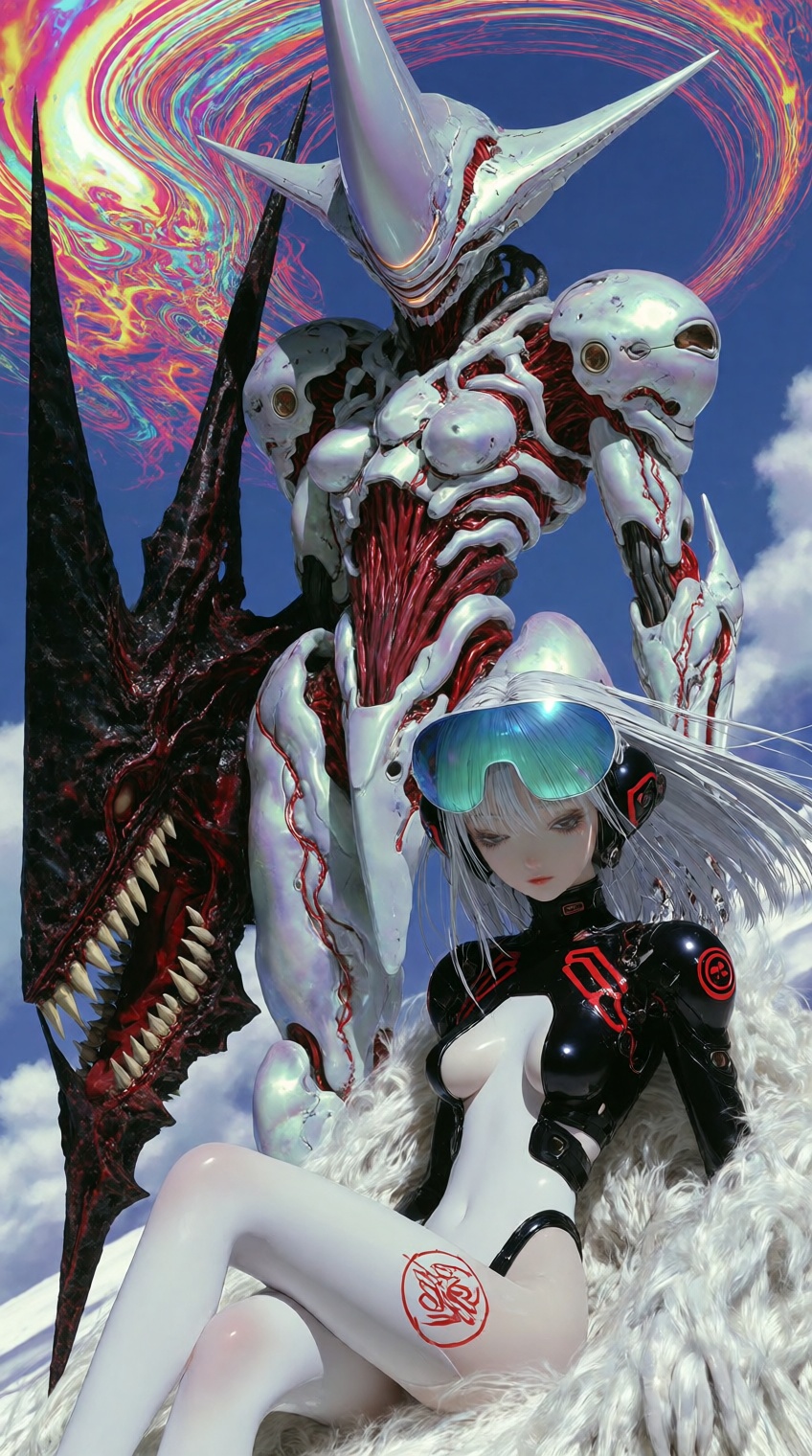 @supernalmystic,  A silver-haired female character with pale skin and large teal goggles rests calmly atop white fur,  her...