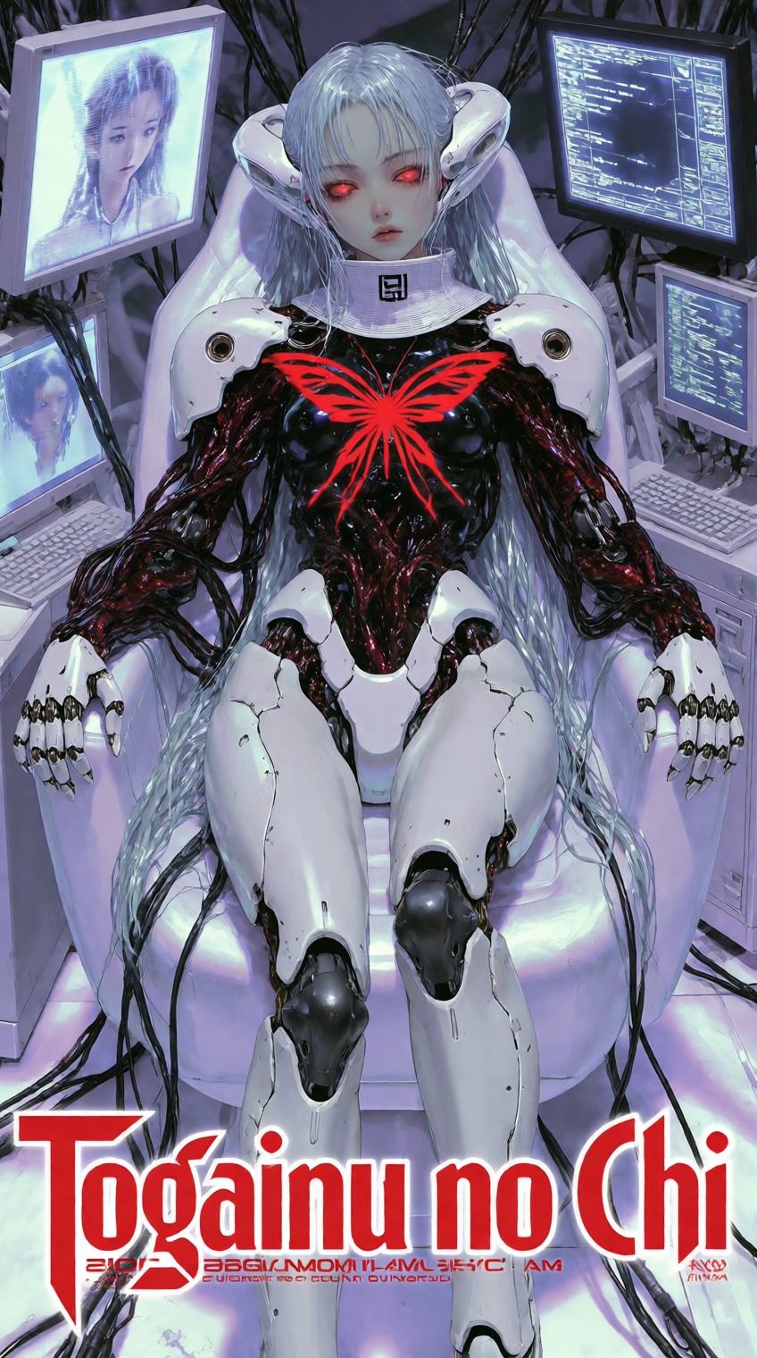 @supernalmystic,  A pale-skinned anime girl with long,  silvery-white hair and red eyes sits slumped in a high-tech medica...