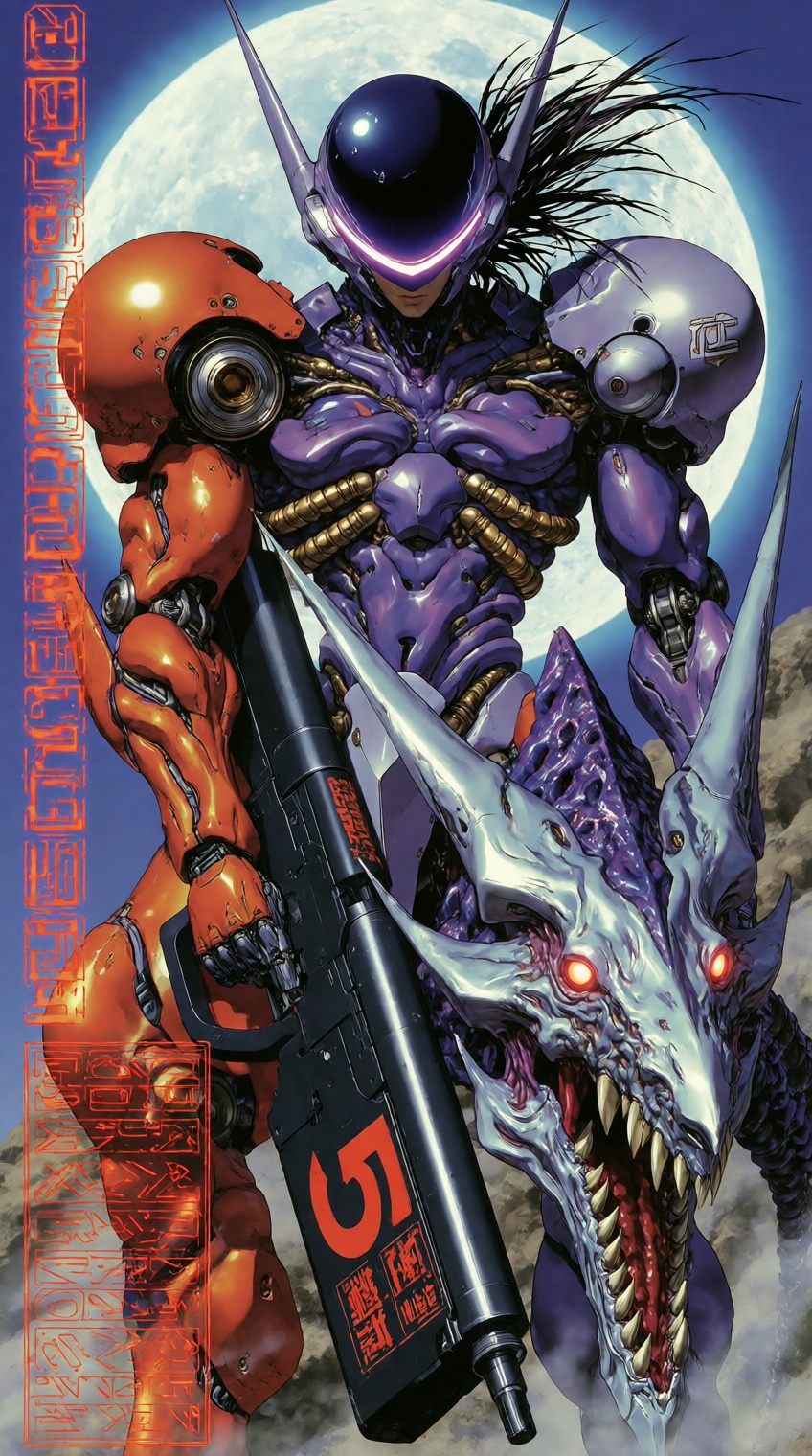 @supernalmystic,  A muscular,  cybernetically enhanced anime protagonist stands dynamically against a full moon on Tensor.Art
