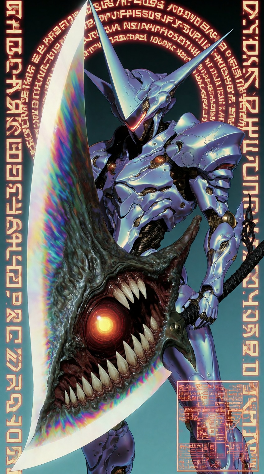 @supernalmystic,  A biomechanical anime warrior with iridescent blue-purple armor and a sharp,  horned helmet stands poise...
