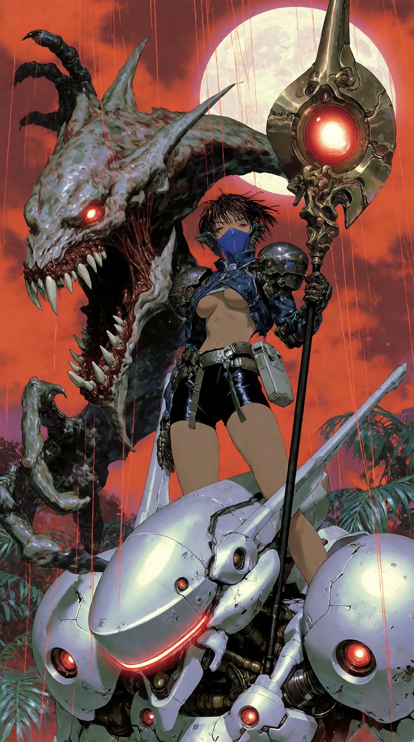 @supernalmystic,  A determined female warrior with short dark hair and a blue face mask stands poised atop a white mecha u...