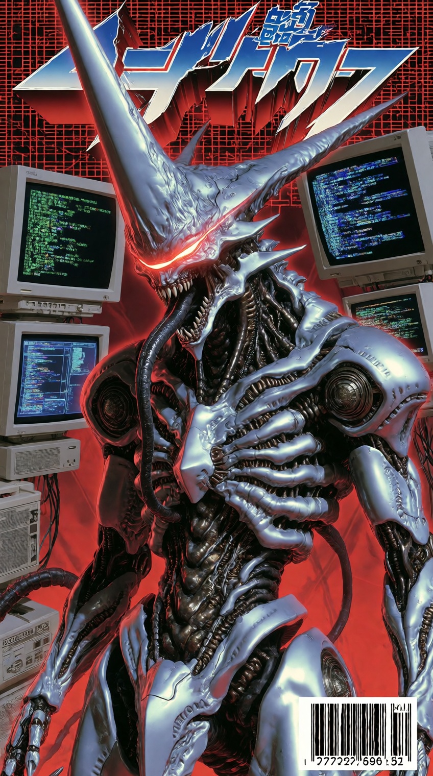 @supernalmystic,  A biomechanical kaiju with sleek,  chrome-like exoskeleton and jagged organic textures dominates the fra...