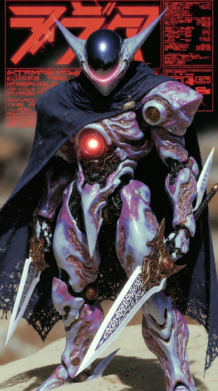 @supernalmystic,  A towering,  biomechanical warrior stands in a dynamic low crouch on Tensor.Art