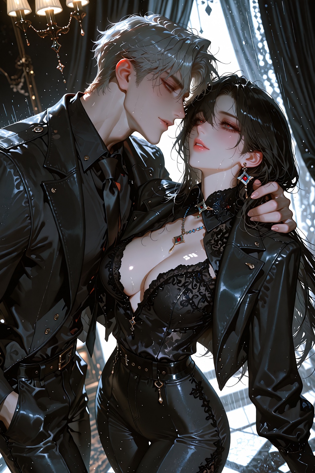 A cinematic concept painting depicts a sensual moment captured in dynamic action,  rendered with ultrahigh definition and...