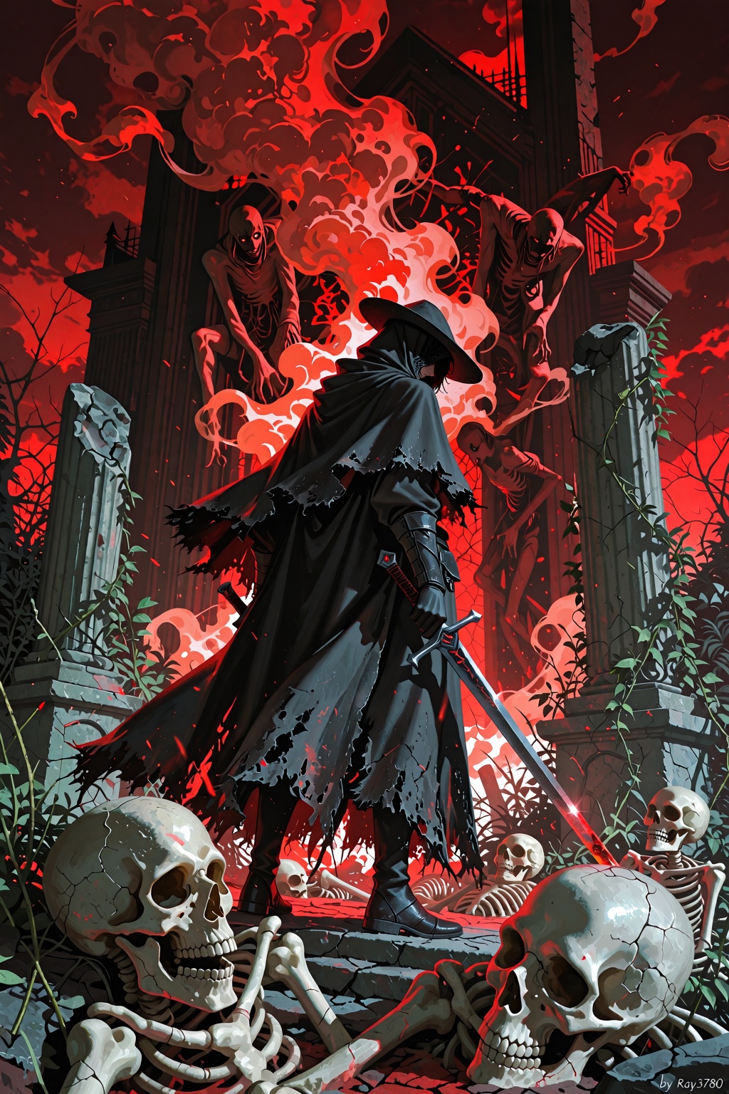 A dramatic composition presents a cloaked figure turned away from the viewer,  draped in a heavy black cloak whose frayed...