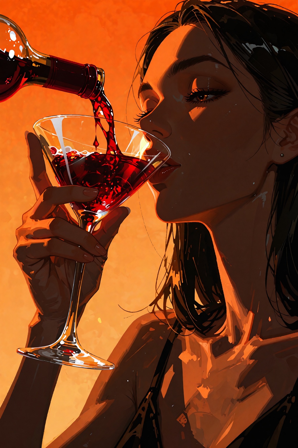 A cinematic close-up captures a woman drinking from an elegant martini glass,  her face illuminated by dramatic silhouette...