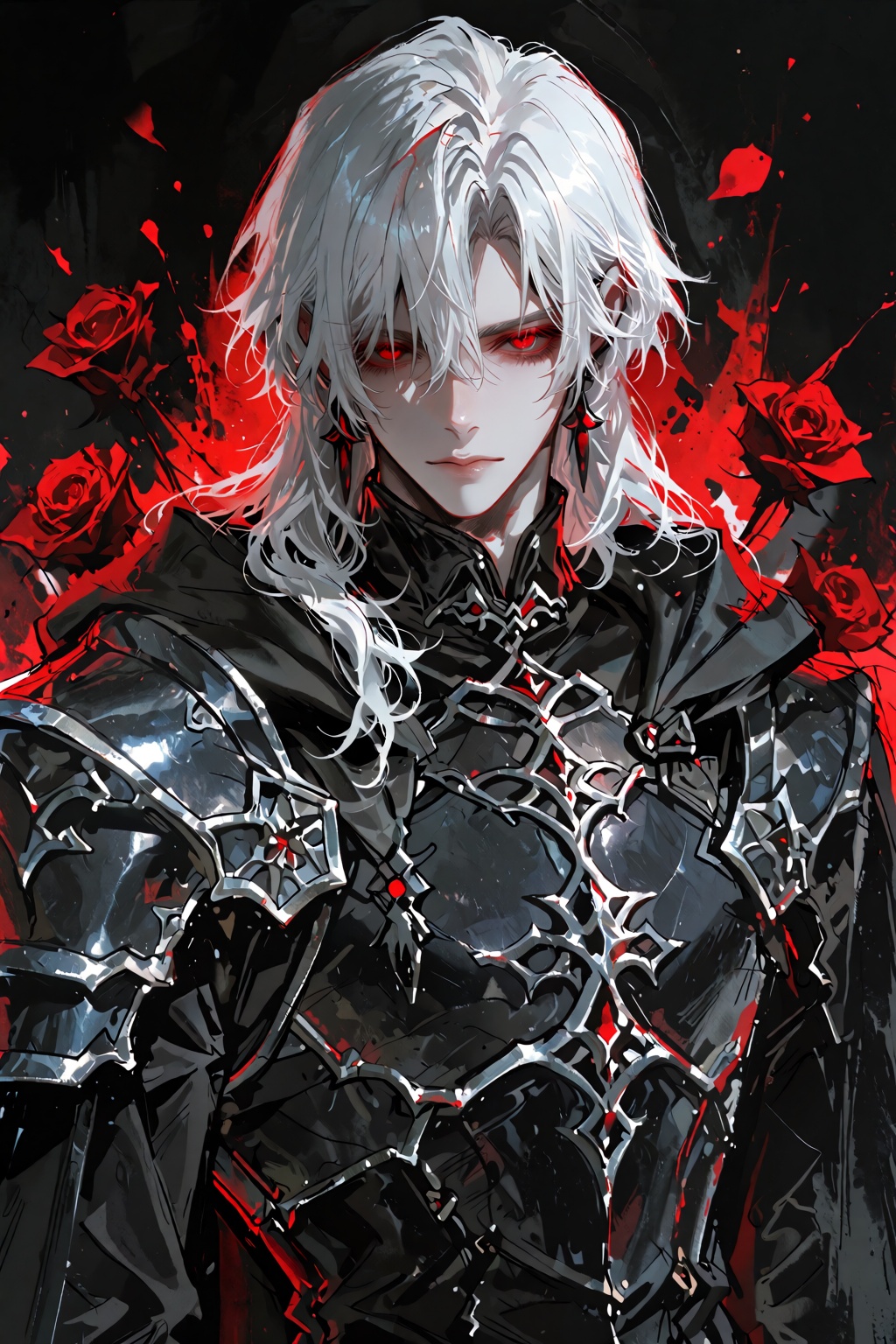 A striking gothic portrait of an elegant young man with flowing,  long white hair and sharp crimson eyes,  looking directl...
