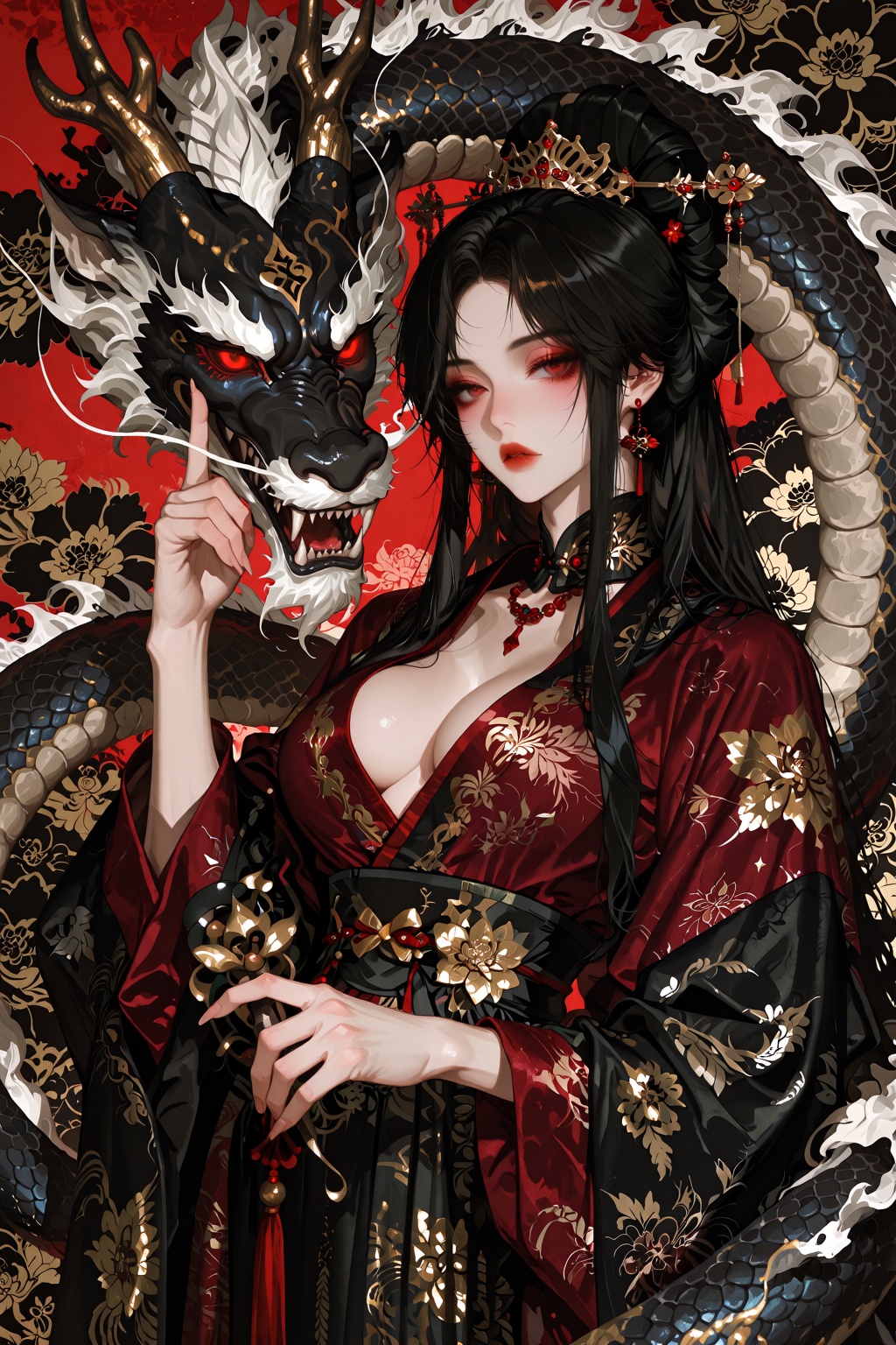 A striking and intense portrait of a regal woman entwined by an elaborate dragon. She stands with an air of authority,  dr...