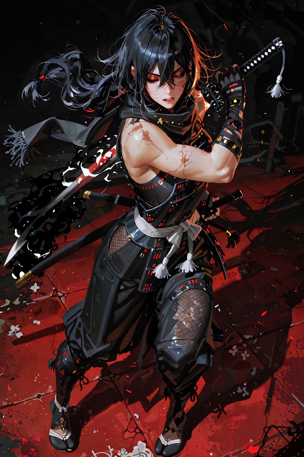 A lone figure stands in dynamic action,  his face caught mid-expression as he swings a katana with the precision of a mast...