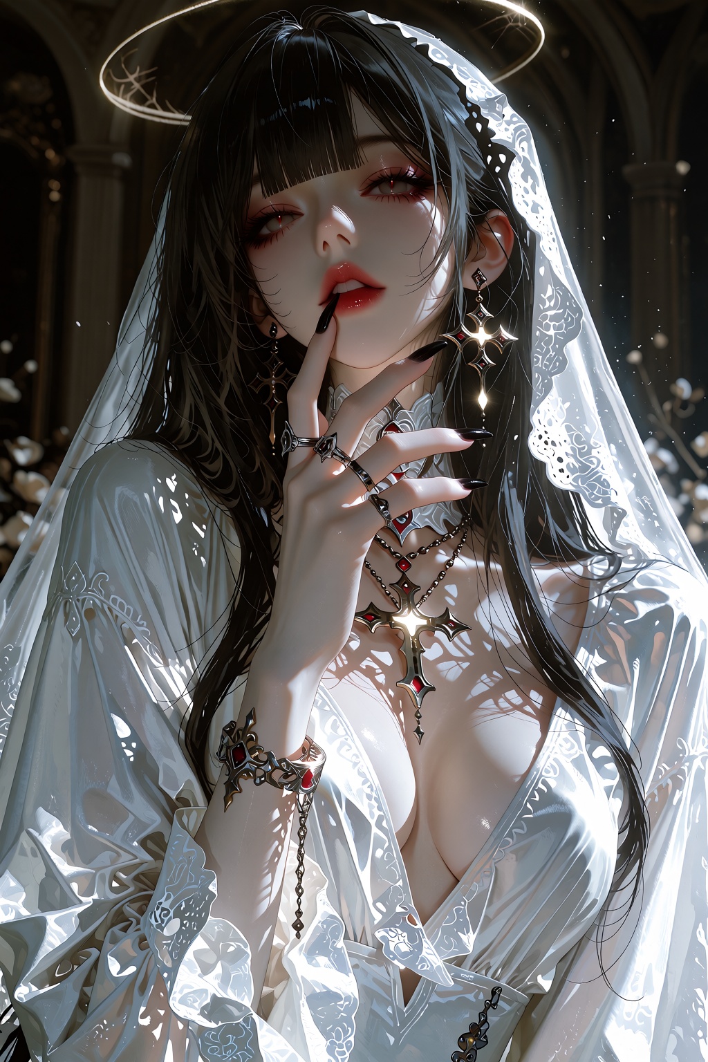A cinematic portrait captures a gothic cosplay masterpiece in exquisite detail. A young woman stands center frame with per...
